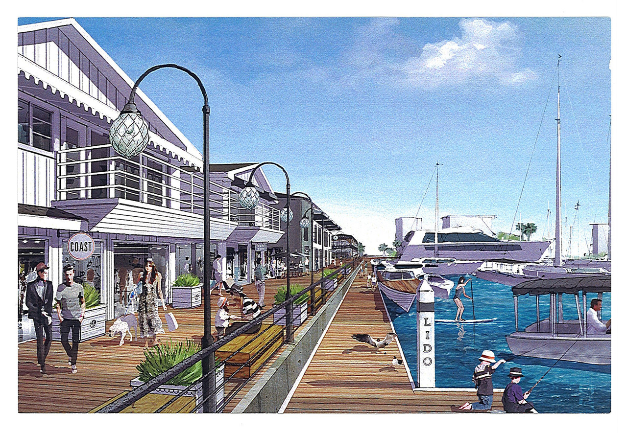 boardwalk scenery of Newport harbor, restaurants, docks and boats